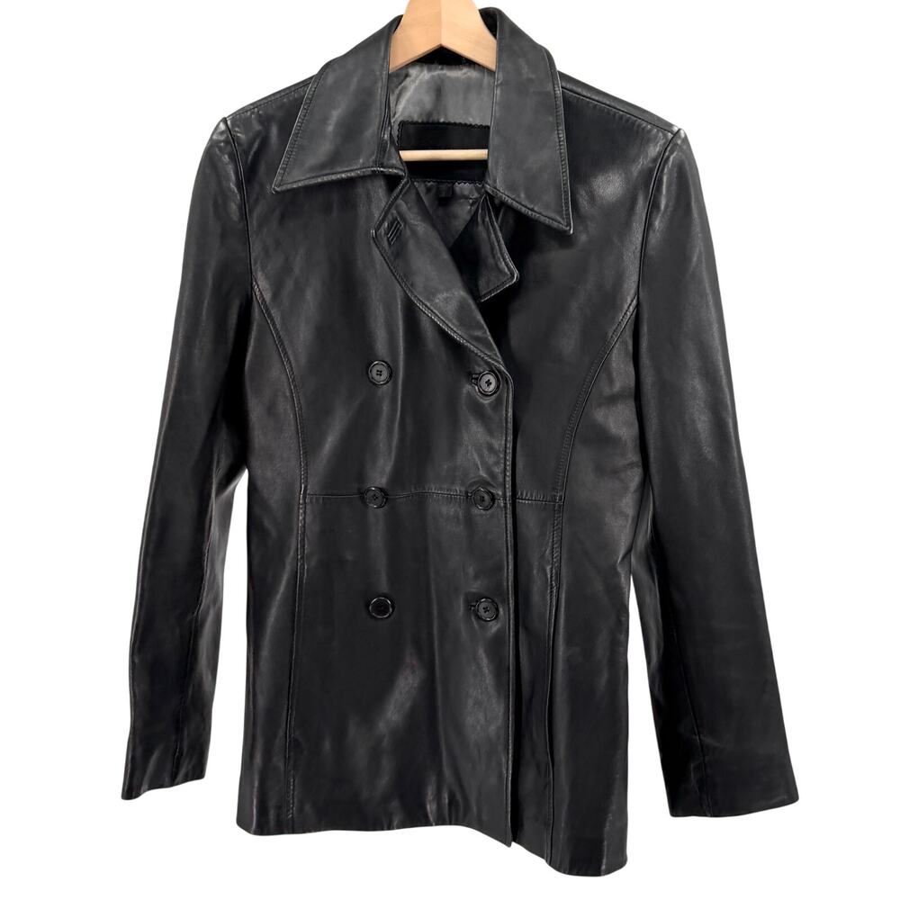 Vintage 90s Guess Mod Black Genuine Leather Double-Breasted Jacket
